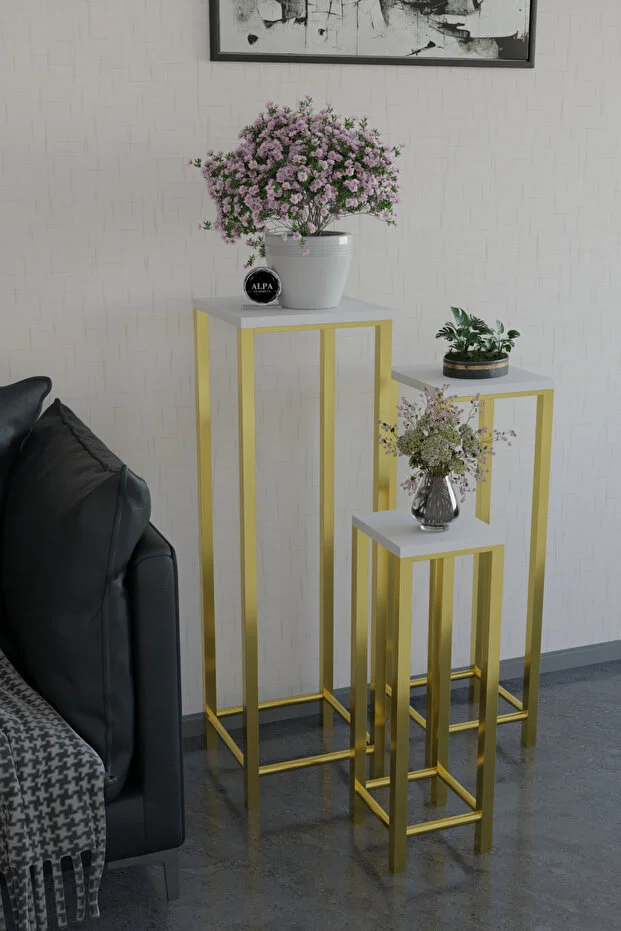 Modern 3'lü Metal Ayaklı Saksılık Dekoratif Çiçeklik Çok Amaçlı Yan Sehpa